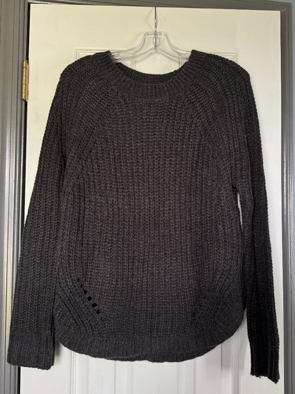 SO Size M Dark Gray Cable Knit Sweater with Ribbed Neck, Cuffs & Bottom EUC